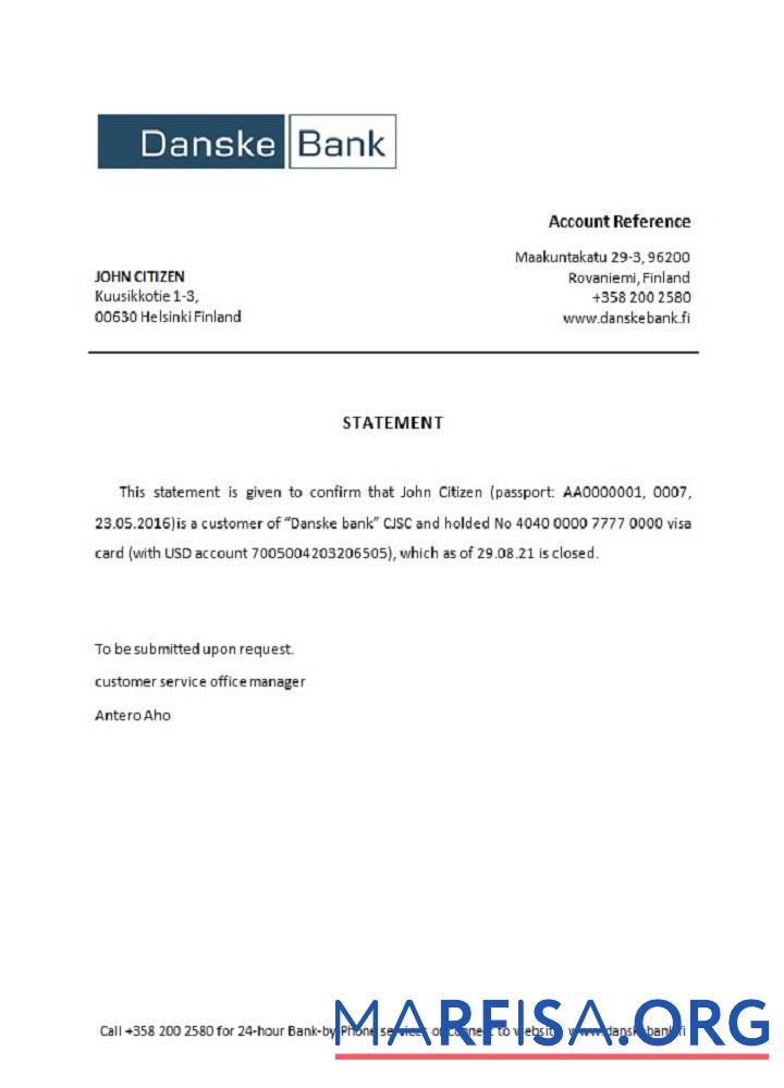 Realistic Finland Danske closure reference example